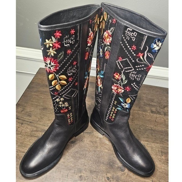 Johnny Was Embroidered Knee High Tall Riding Boots Pull On Boho Black Size 6 New - Picture 4 of 11